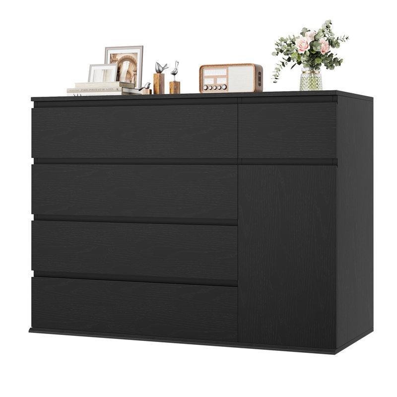 Siyah Endüstriyel Ahşap 5 Çekmeceli ve Dolaplı Şifonyer - 100x80 cm - 123025