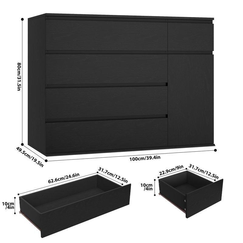 Siyah Endüstriyel Ahşap 5 Çekmeceli ve Dolaplı Şifonyer - 100x80 cm - 123025