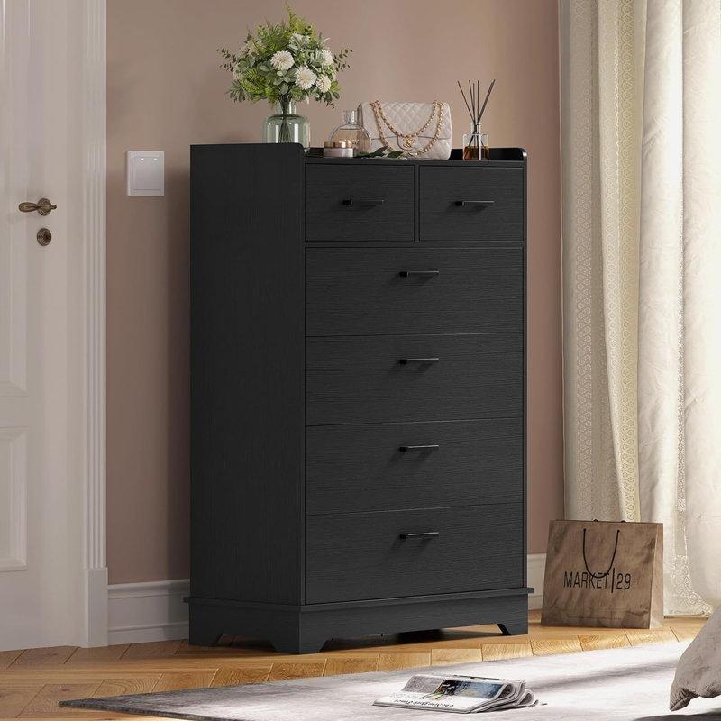 Siyah Endüstriyel Ahşap 6 Çekmeceli Metal Kulplu Dikey Şifonyer - 39x69x105 cm - 122623