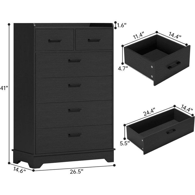 Siyah Endüstriyel Ahşap 6 Çekmeceli Metal Kulplu Dikey Şifonyer - 39x69x105 cm - 122623