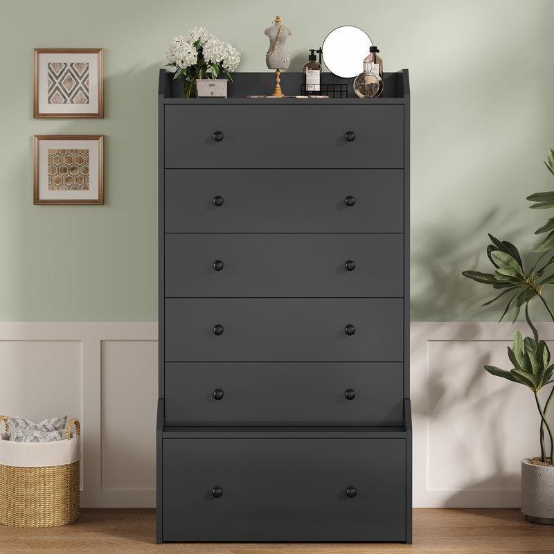 Siyah Endüstriyel Ahşap 6 Çekmeceli Tekerlekli Alt Hazneli Yüksek Şifonyer - 71x51x140 cm - 123031