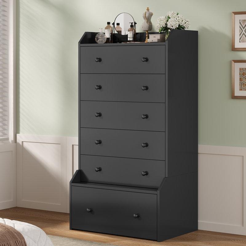 Siyah Endüstriyel Ahşap 6 Çekmeceli Tekerlekli Alt Hazneli Yüksek Şifonyer - 71x51x140 cm - 123031