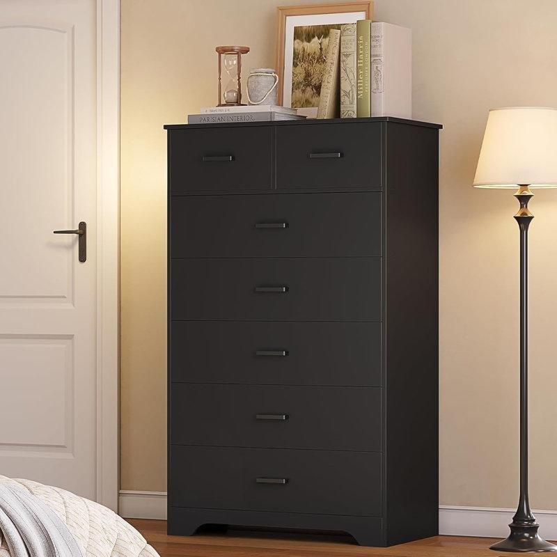 Siyah Endüstriyel Ahşap 7 Çekmeceli Metal Kulplu Yüksek Şifonyer - 80x141 cm - 122839