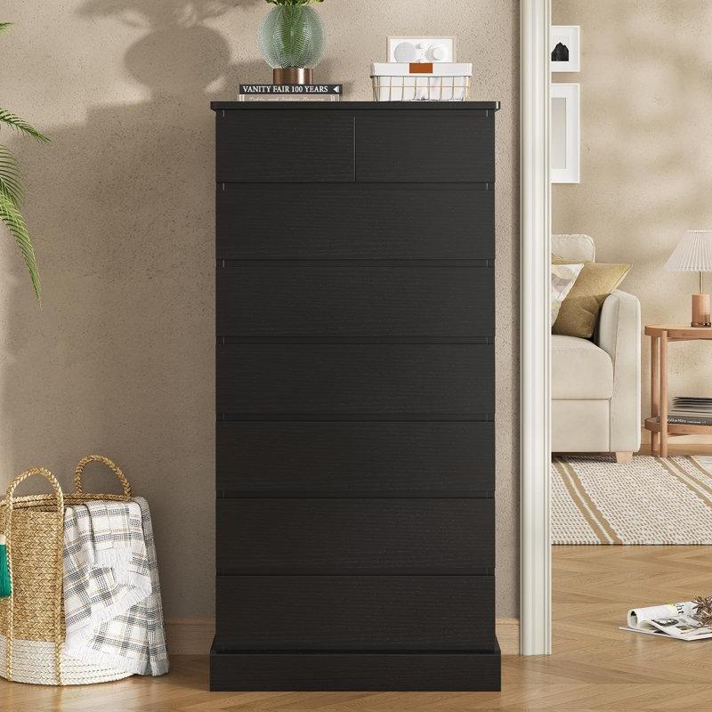 Siyah Endüstriyel Ahşap 8 Çekmeceli Kulpsuz Yüksek Şifonyer - 67x152 cm - 122716