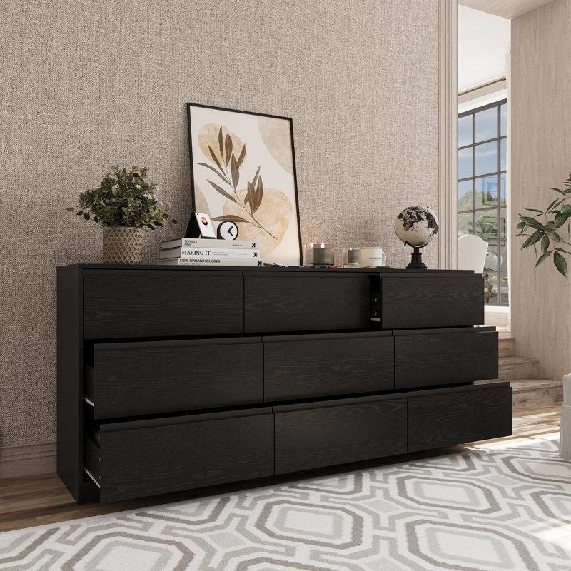 Siyah Endüstriyel Ahşap 9 Çekmeceli Geniş Şifonyer - 180x40x80 cm - 122941