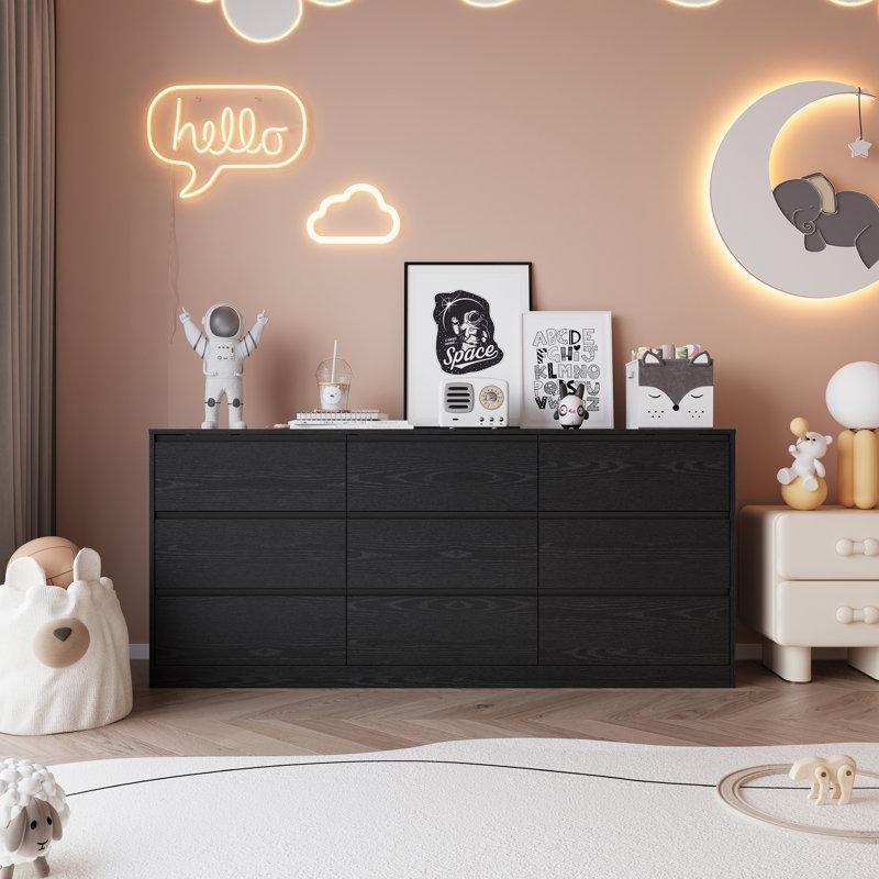 Siyah Endüstriyel Ahşap 9 Çekmeceli Geniş Şifonyer - 180x40x80 cm - 122941