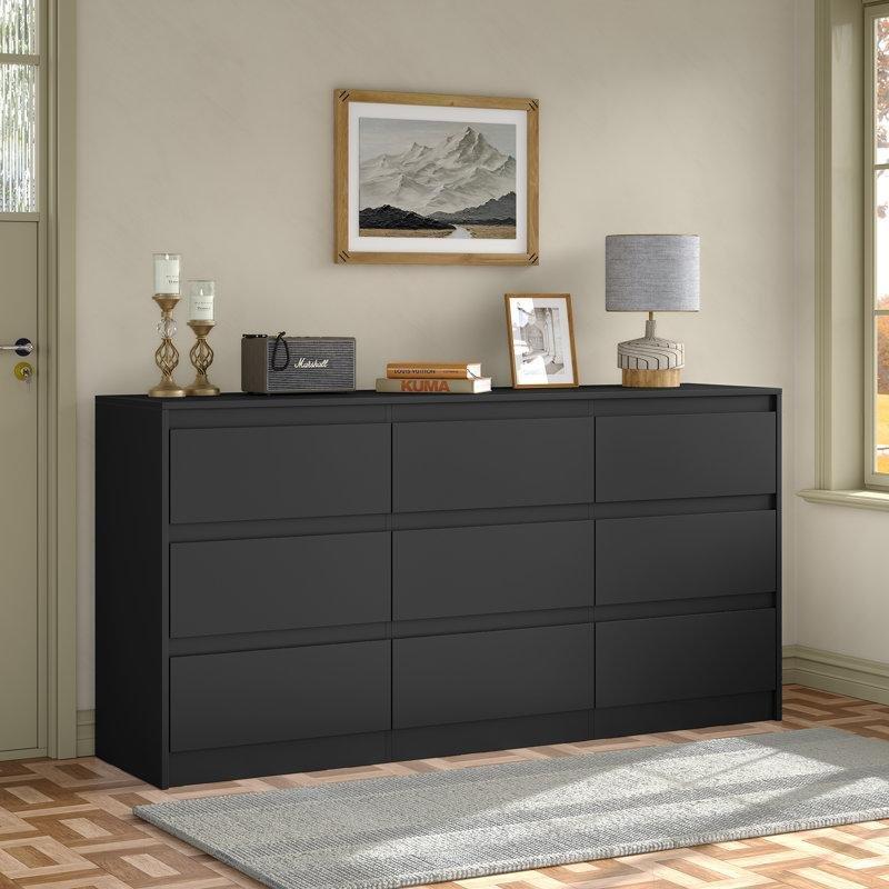 Siyah Endüstriyel Ahşap 9 Çekmeceli Modern Şifonyer - 160x40x80 cm - 122659