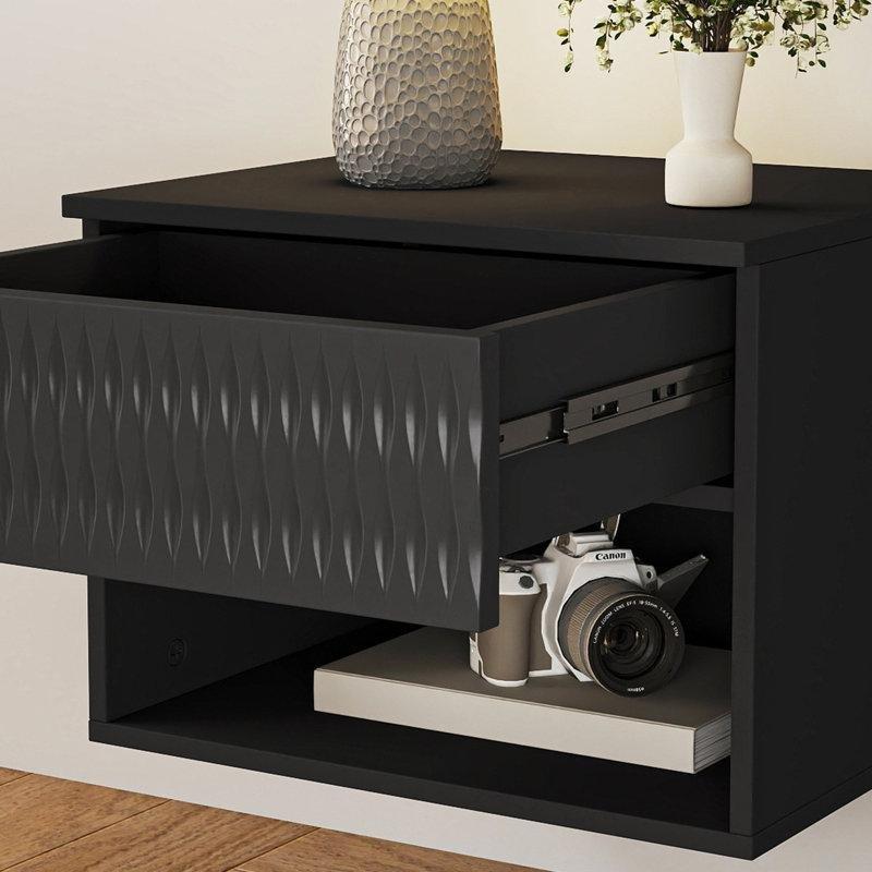 Siyah Endüstriyel Ahşap Duvara Monte Raflı ve Çekmeceli 2'li Komodin Seti - 40x30 cm - 127367