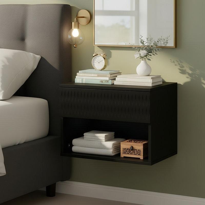Siyah Endüstriyel Ahşap Duvara Monte Raflı ve Çekmeceli 2'li Komodin Seti - 40x30 cm - 127367