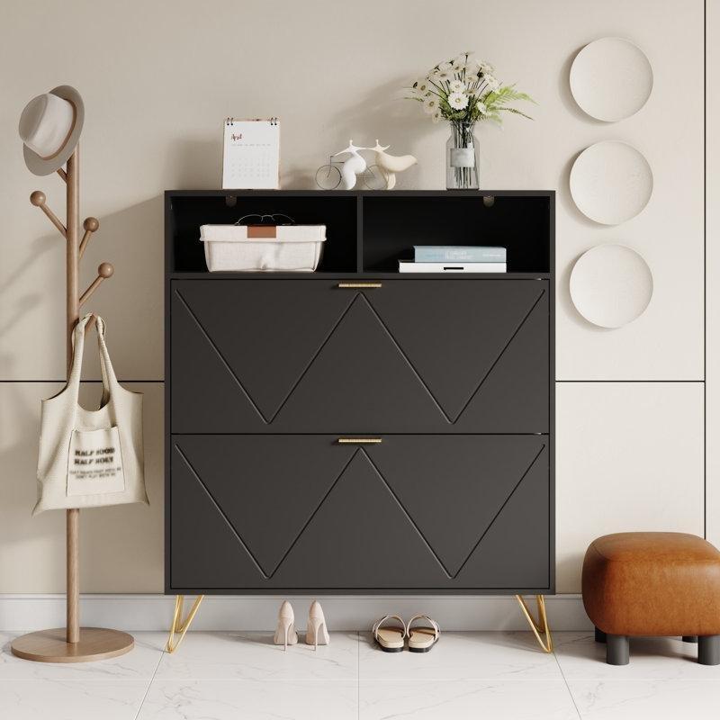 Siyah Endüstriyel Ahşap Gold Detaylı Geometrik Desenli Düşer Kapaklı Ayakkabılık - 100x21x117 cm - 120874