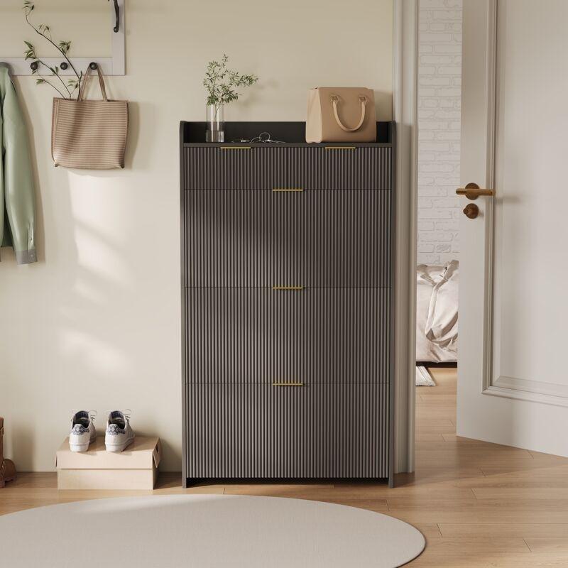 Siyah Endüstriyel Ahşap Gold Kulp Detaylı 3 Düşer Kapaklı 2 Çekmeceli Ayakkabılık - 78x25x134 cm - 119972