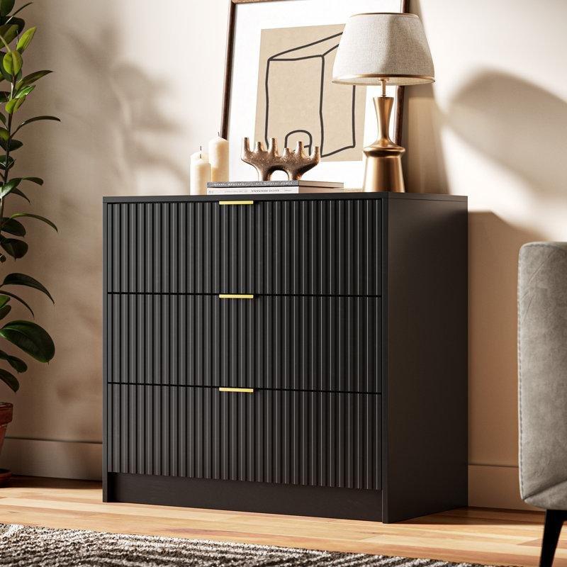 Siyah Endüstriyel Ahşap Gold Kulplu Yivli 3 Çekmeceli Şifonyer - 80x75 cm - 123079