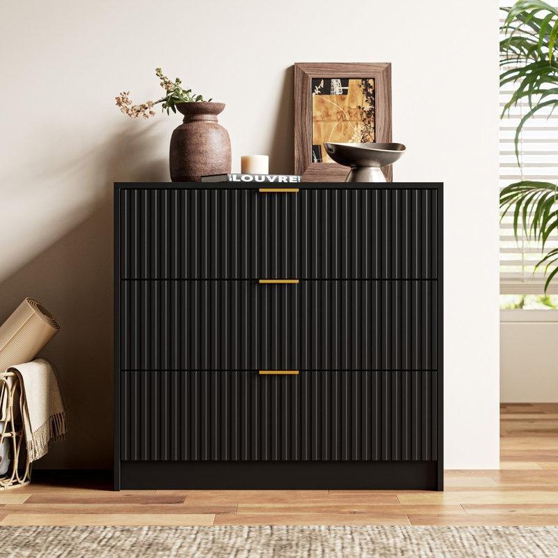 Siyah Endüstriyel Ahşap Gold Kulplu Yivli 3 Çekmeceli Şifonyer - 80x75 cm - 123079