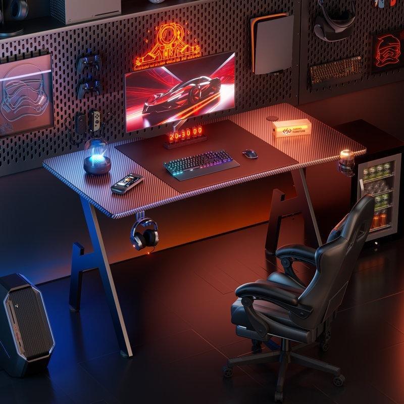 Siyah Endüstriyel Ahşap Karbon Fiber Kaplamalı Kablolu Düzenlemeli Bilgisayar Masası-120x60x74 cm - 116760