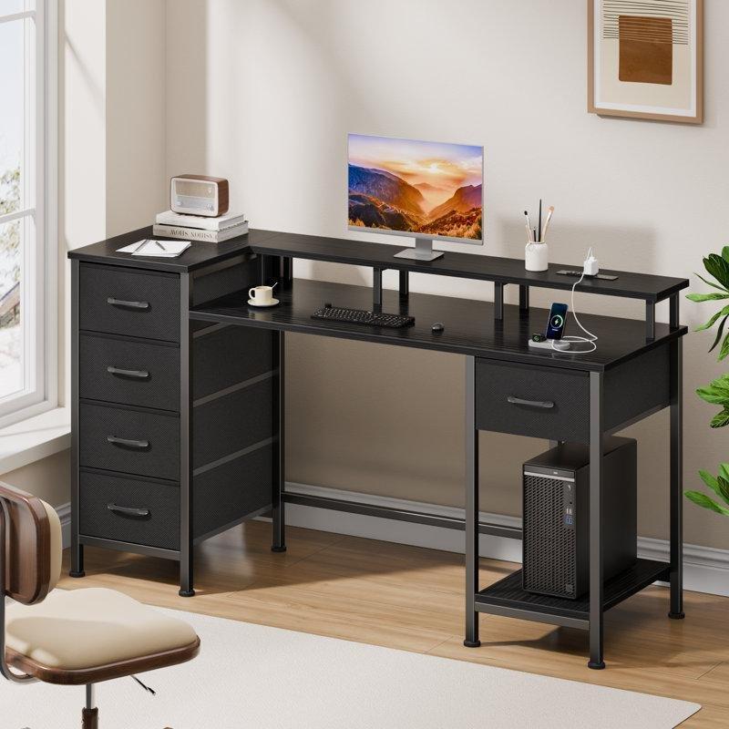 Siyah Endüstriyel Ahşap LED Işıklı Çekmeceli Bilgisayar Masası-120x89x48 cm - 116964