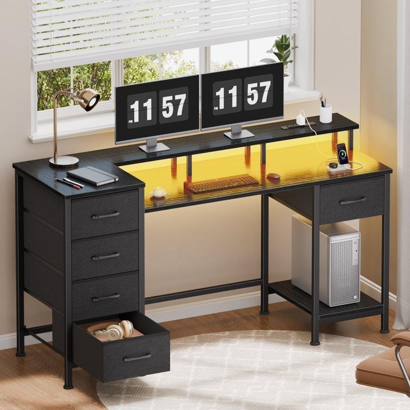 Siyah Endüstriyel Ahşap LED Işıklı Çekmeceli Bilgisayar Masası-120x89x48 cm - 116964