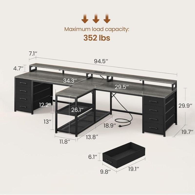 Siyah Endüstriyel Ahşap LED Işıklı Çift Kişilik Bilgisayar Masası-88x240x51 cm - 116730