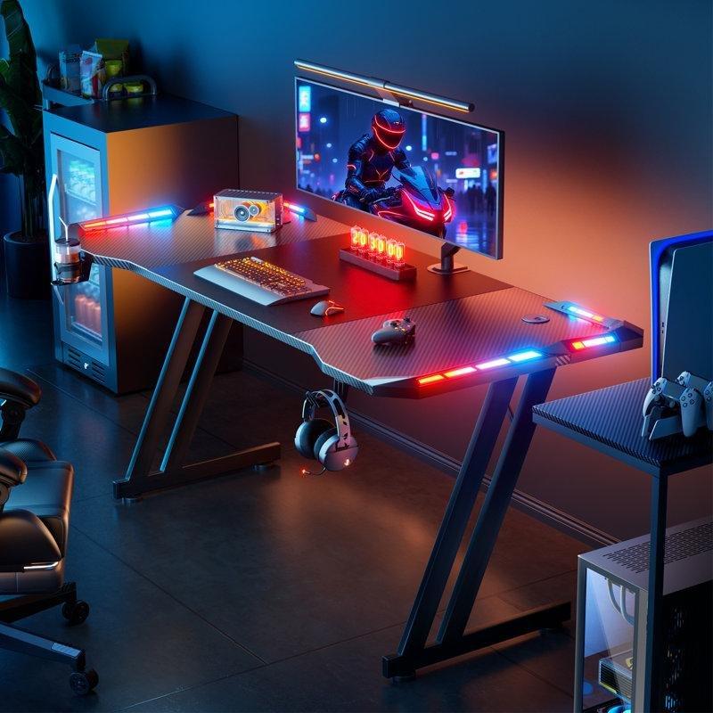 Siyah Endüstriyel Ahşap LED Işıklı Kablolu Yönetimli Bilgisayar masası-120x60x74 cm - 116931