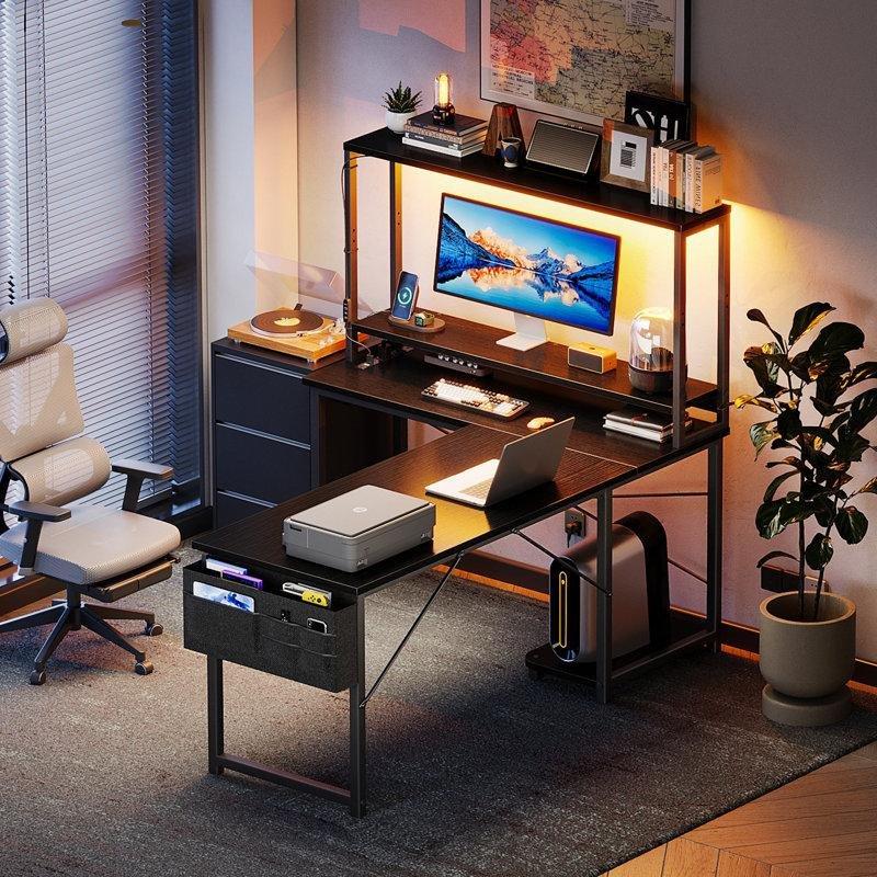 Siyah Endüstriyel Ahşap LED Işıklı L Şekilli Bilgisayar Masası-148x135x100 cm - 116901