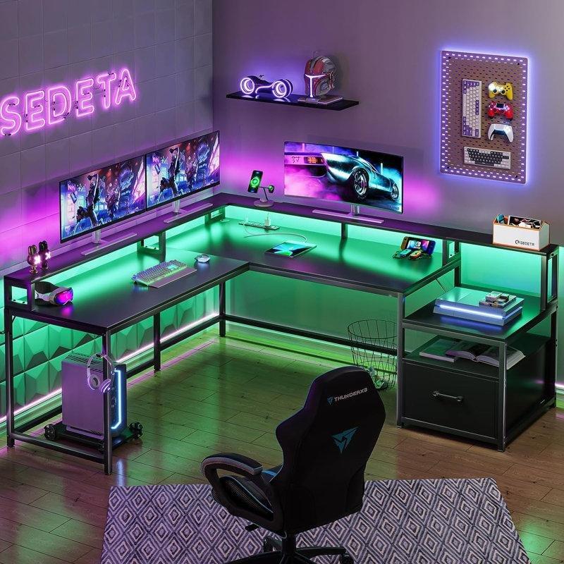 Siyah Endüstriyel Ahşap LED Işıklı L Şekilli Bilgisayar Masası-88x170x122 cm - 116820