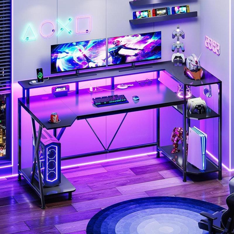 Siyah Endüstriyel Ahşap LED Işıklı Raflı Bilgisayar Masası-142x65x90 cm - 116724