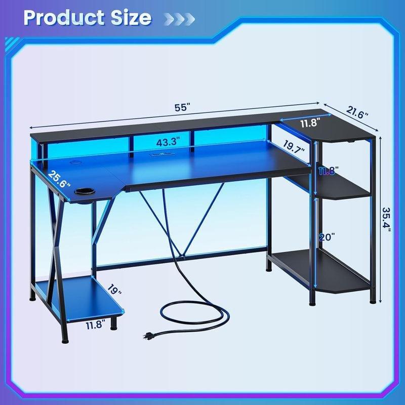 Siyah Endüstriyel Ahşap LED Işıklı Raflı Bilgisayar Masası-142x65x90 cm - 116724