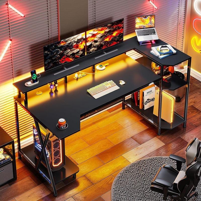 Siyah Endüstriyel Ahşap LED Işıklı Raflı Bilgisayar Masası-142x65x90 cm - 116724