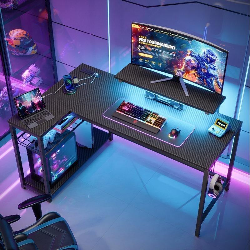 Siyah Endüstriyel Ahşap LED Işıklı Raflı L Şekilli Bilgisayar Masası-133x91x50 cm - 116850