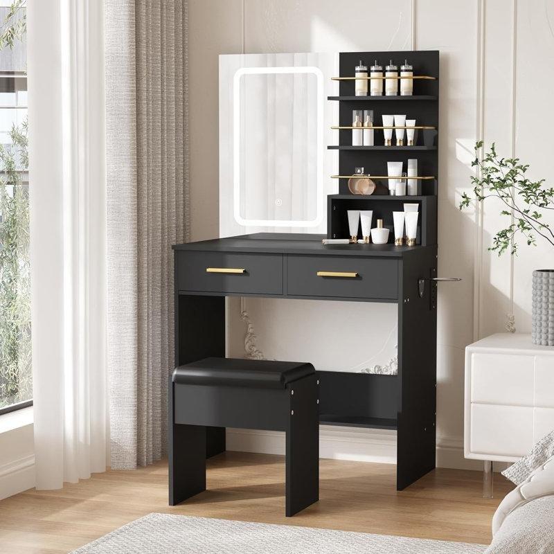 Siyah Endüstriyel Ahşap LED Işıklı ve Şarj İstasyonlu Makyaj Masası - 80x40x141 cm - 121591