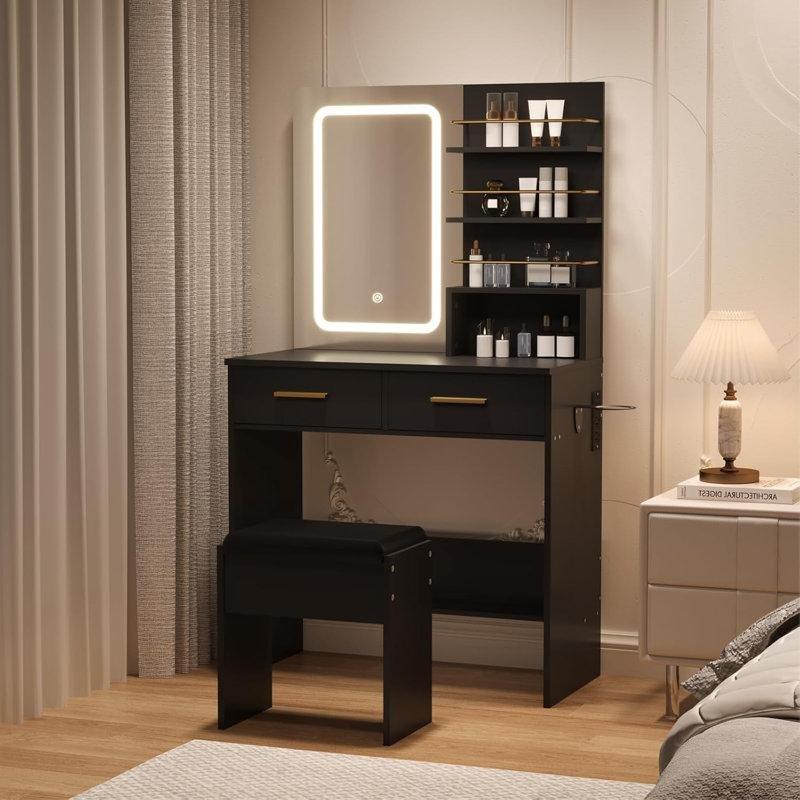Siyah Endüstriyel Ahşap LED Işıklı ve Şarj İstasyonlu Makyaj Masası - 80x40x141 cm - 121591