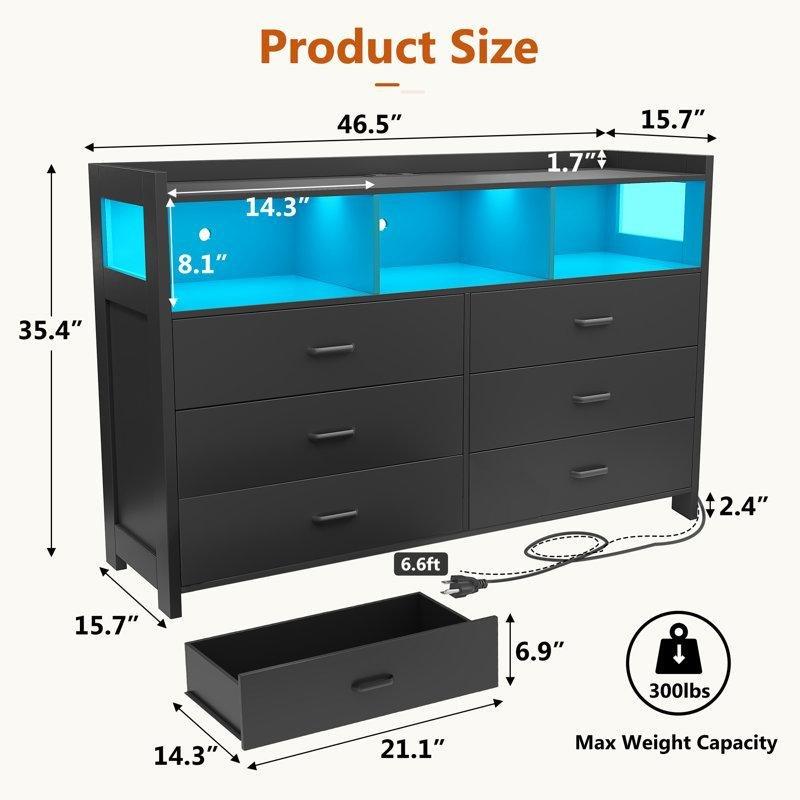 Siyah Endüstriyel Ahşap LED Işıklı ve Şarj İstasyonlu Şifonyer - 119x40x90 cm - 122875