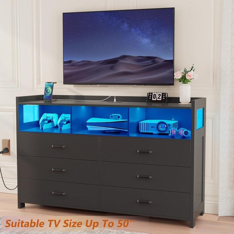 Siyah Endüstriyel Ahşap LED Işıklı ve Şarj İstasyonlu Şifonyer - 119x40x90 cm - 122875