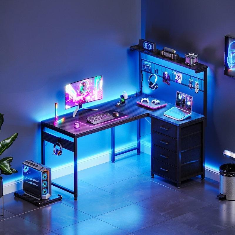 Siyah Endüstriyel Ahşap Ledli Prizli L Şekilli Bilgisayar Masası-135x109x80 cm - 116859