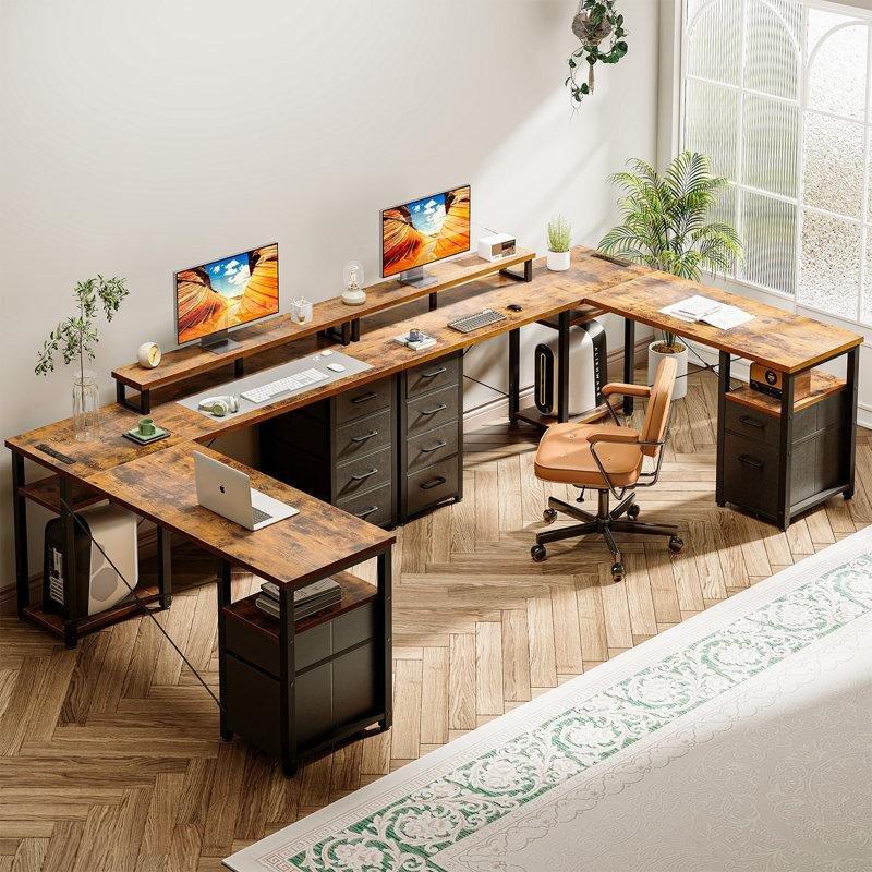 Siyah Endüstriyel Ahşap LEDli Prizli L Şekilli Bilgisayar Masası-168x148x89 cm - 116769