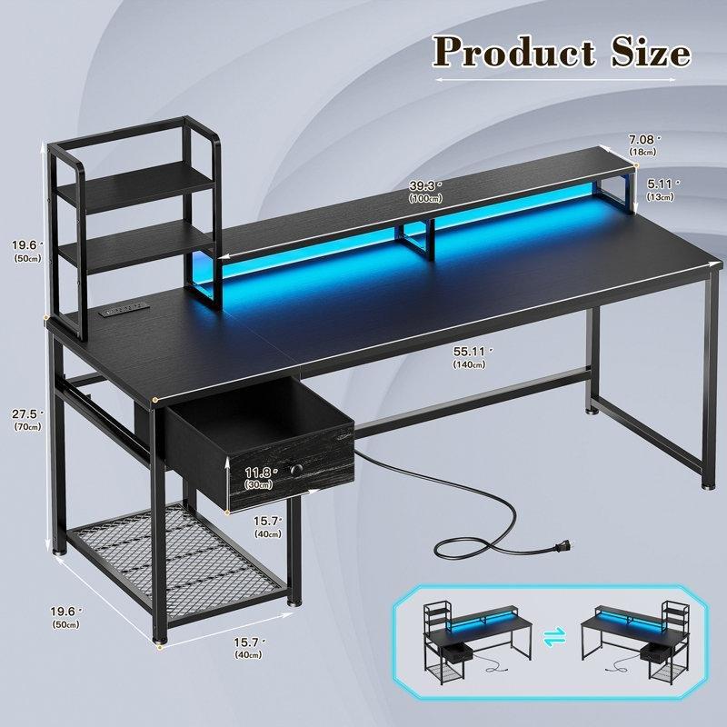 Siyah Endüstriyel Ahşap Ledli Prizli Raflı Bilgisayar Masası-140x51x122 cm - 116943