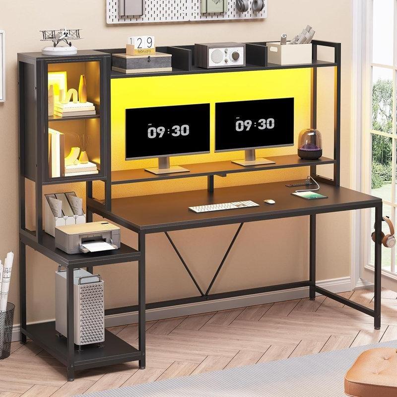Siyah Endüstriyel Ahşap Ledli Prizli Raflı Bilgisayar Masası-154x153x54 cm - 116790