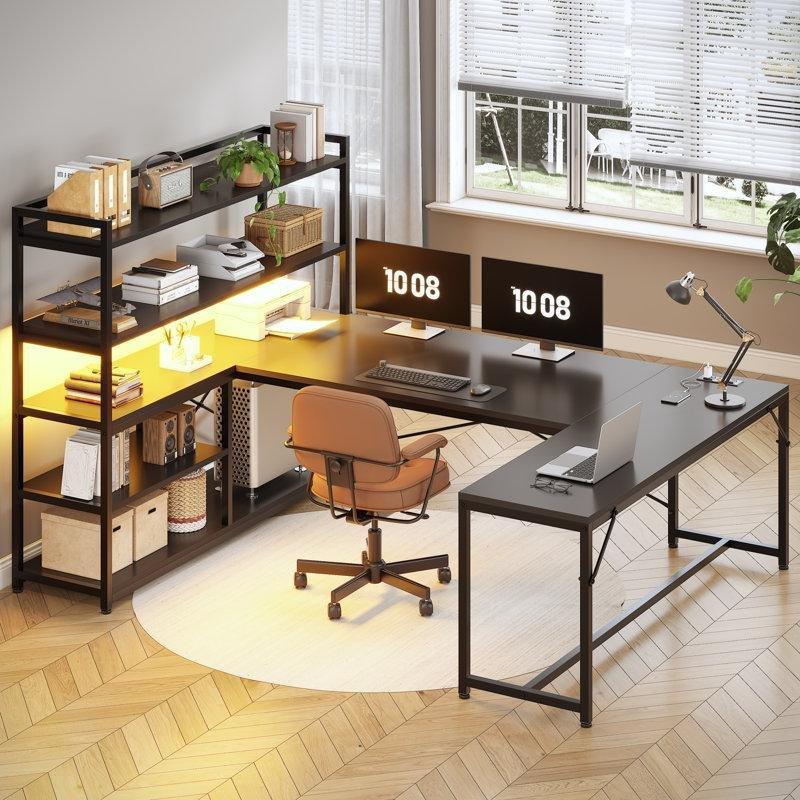 Siyah Endüstriyel Ahşap Ledli Prizli Raflı L Şekilli Bilgisayar Masası-160x48x140 cm - 116706