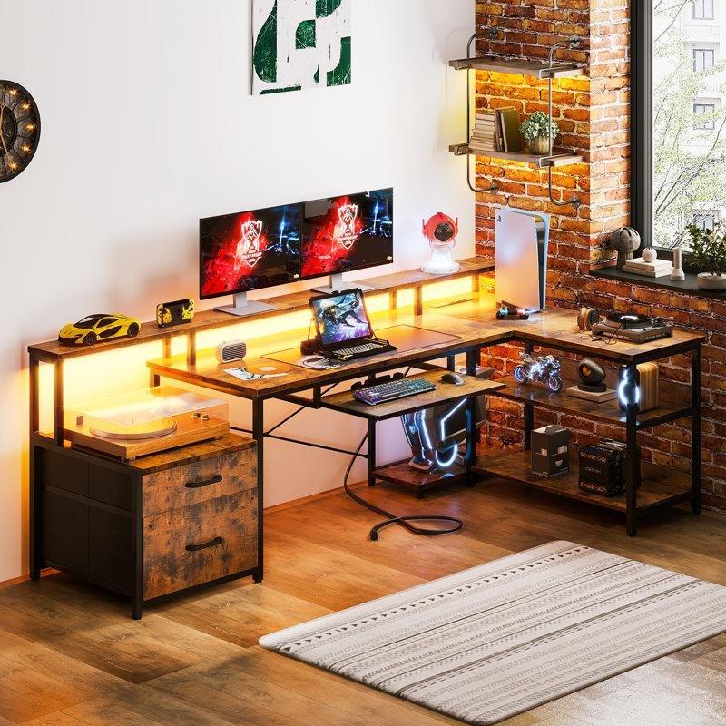 Siyah Endüstriyel Ahşap Ledli Prizli USB Girişli L Şekilli Bilgisayar Masası-89x173x101 cm - 116919