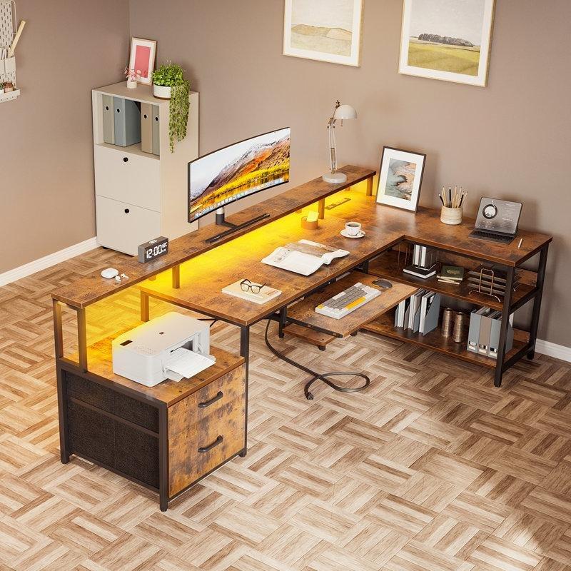 Siyah Endüstriyel Ahşap Ledli Prizli USB Girişli L Şekilli Bilgisayar Masası-89x173x101 cm - 116919