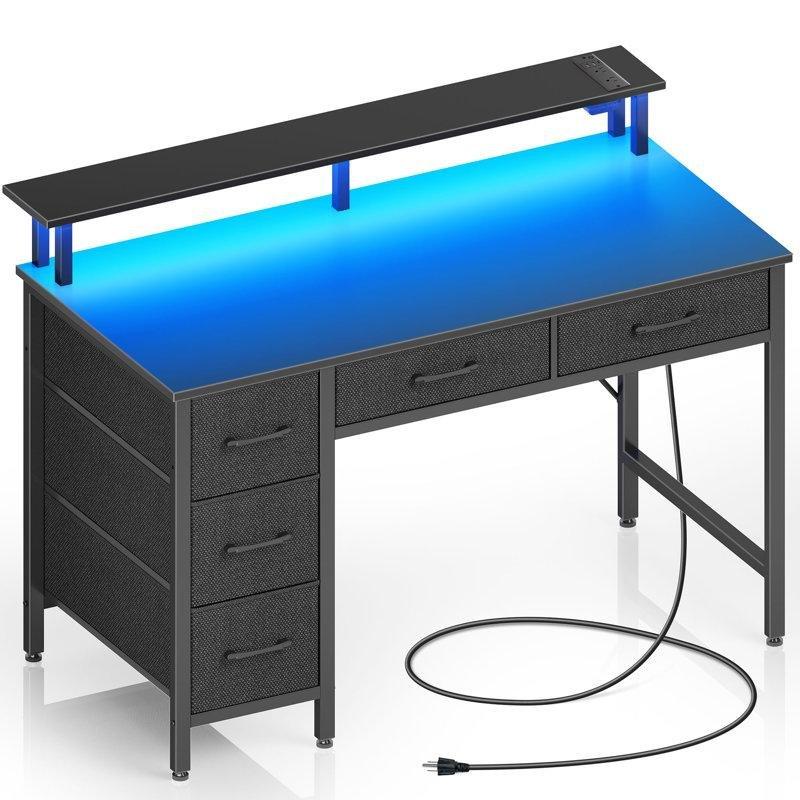 Siyah Endüstriyel Ahşap Ledli USB Girişli Çekmeceli Bilgisayar Masası-101x47x90 cm - 116478