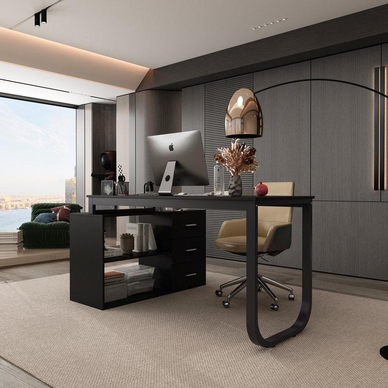 Siyah Endüstriyel Ahşap Metal Çerçeveli Çekmeceli L Şekilli Bilgisayar Masası-141x105x75 cm - 116853