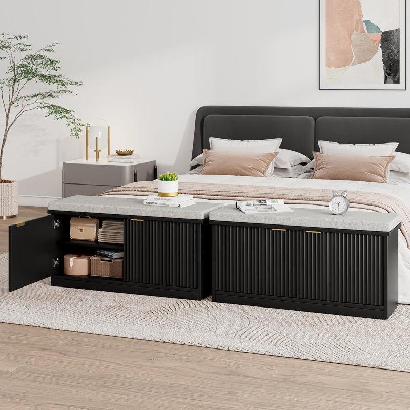 Siyah Endüstriyel Ahşap Minderli Gold Kulplu Yivli Ayakkabılık Bench - 100x30x46 cm - 120646