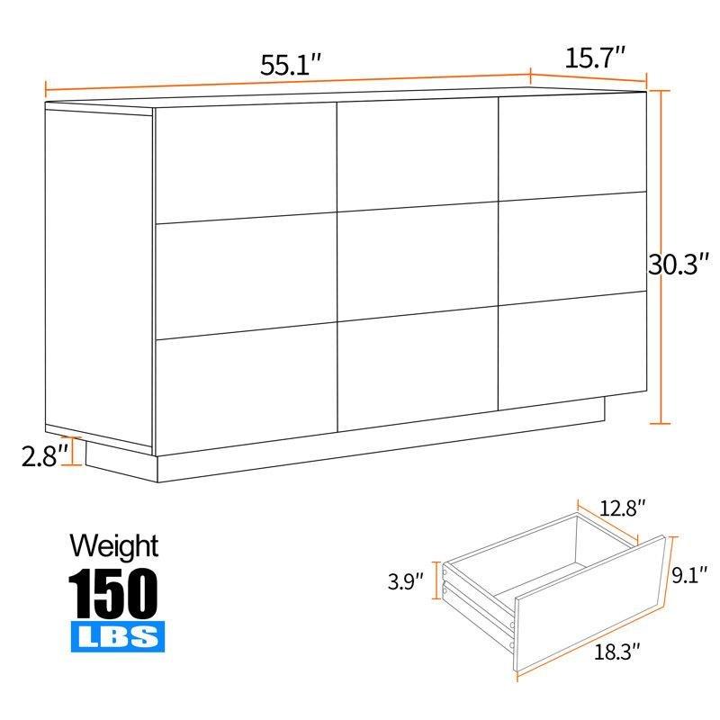 Siyah Endüstriyel Ahşap Parlak Yüzeyli ve LED Işıklı 9 Çekmeceli Şifonyer - 140x77x40 cm - 122728