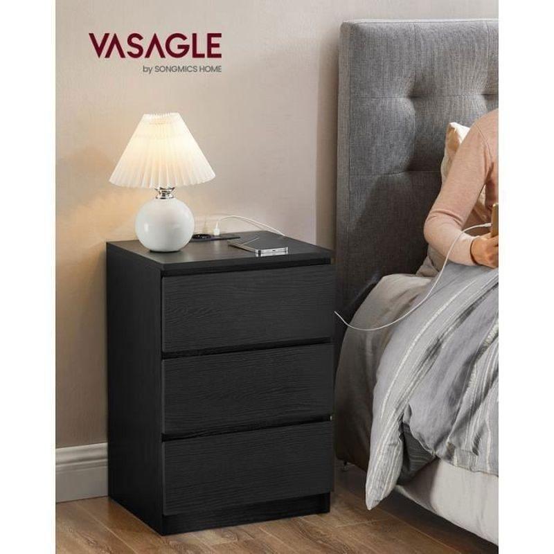 Siyah Endüstriyel Ahşap Priz ve USB Çıkışlı Üç Çekmeceli Komodin - 35x40x59 cm - 127840