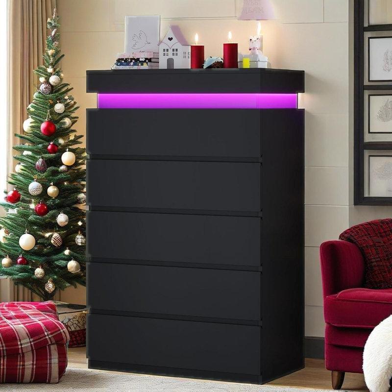 Siyah Endüstriyel Ahşap RGB LED Aydınlatmalı 5 Çekmeceli Şifonyer - 71x115 cm - 122968