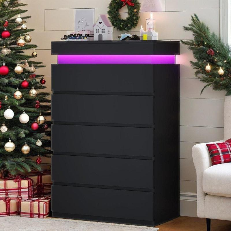Siyah Endüstriyel Ahşap RGB LED Aydınlatmalı 5 Çekmeceli Şifonyer - 71x115 cm - 122968