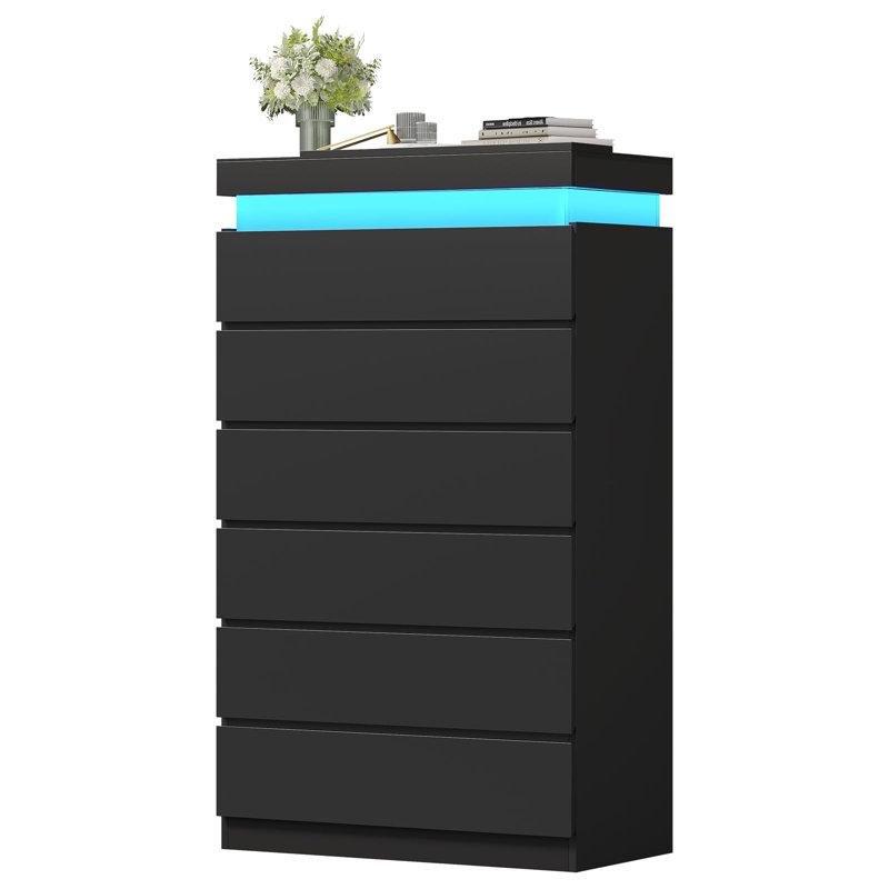 Siyah Endüstriyel Ahşap RGB LED Aydınlatmalı 6 Çekmeceli Şifonyer - 71x135 cm - 123010