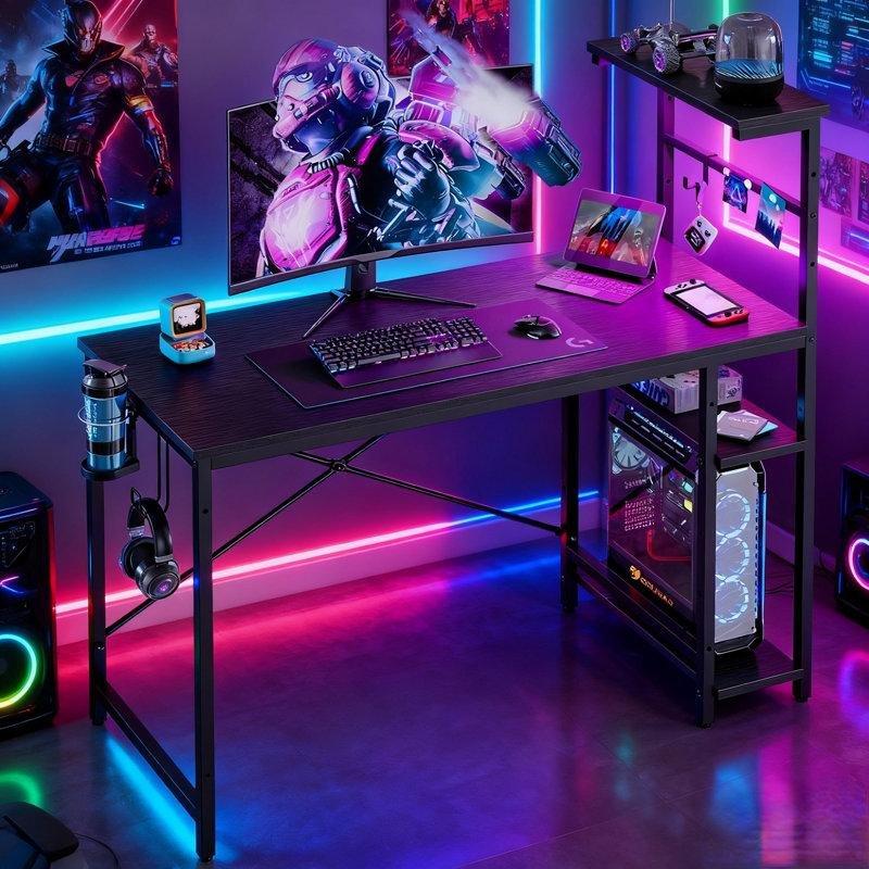 Siyah Endüstriyel Ahşap RGB LED Işıklı Raflı Bilgisayar Masası-113x50x113 cm - 116829