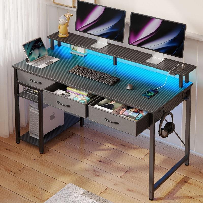 Siyah Endüstriyel Ahşap RGB LED Işıklı Raflı Bilgisayar masası-78x100x48 cm - 116928