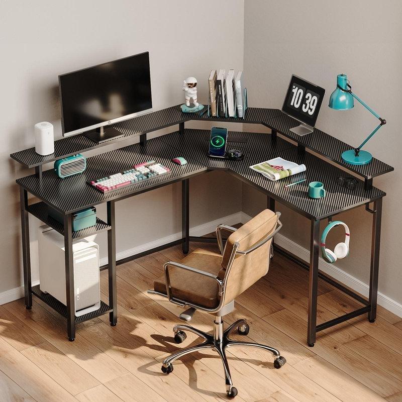 Siyah Endüstriyel Ahşap RGB Ledli Prizli L Şekilli Bilgisayar Masası-88x140x47 cm - 116847